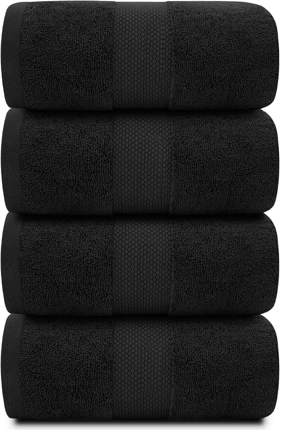 White Classic Luxury Black Bath Towels Extra Large | 100% Soft Cotton 700 GSM Thick 2Ply Absorbent Quick Dry Hotel Bathroom Towel | 27x54 Inch | Black | Set of 4
