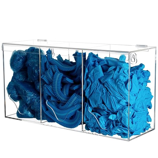 Hairnet Dispenser and Glove Holder Wall Mount - 3 Compartments Acrylic Hygiene Dispenser Station with Lid for Shoe Covers, Safety Glasses, Earplugs, Beard Nets, Dishwasher Pods, Clear