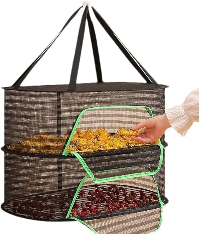Foldable Drying Net for Vegetables, Fish, and Dehydrated Goods, Multi-Tiered Food Drying Net, Versatile Drying Rack, Windproof Design, Zipper Closure for Insect Protection Dual Layer Black