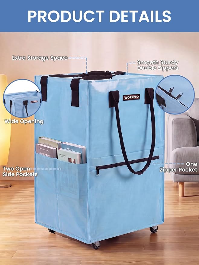 WORKPRO Medium Rolling Grocery Bag, 18-Gallon Shopping Tote with 4 Wheels | Reusable Grocery Bag on Wheels, Holds Up to 75 lbs, Heavy Duty Rolling Tote for Laundry, Groceries, Moving & Dorm Storage