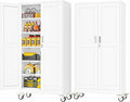 PAOFIN Metal Garage Storage Cabinet with Wheels,Steel Lockable File Cabinets with 2 Doors and 5 Adjustable Shelves,74" H Locking Tool Cabinets for Home Office, Warehouse, Required Assembly,White