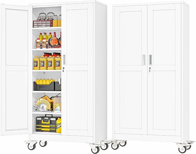 PAOFIN Metal Garage Storage Cabinet with Wheels,Steel Lockable File Cabinets with 2 Doors and 5 Adjustable Shelves,74" H Locking Tool Cabinets for Home Office, Warehouse, Required Assembly,White