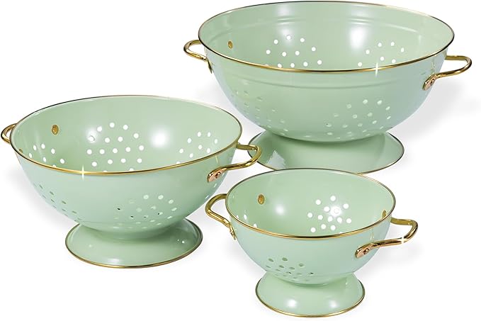 Metal Colander Set of 3, Strainer Basket with Handles perfect for Spaghetti, Pasta, Berry, Vegetable, Fruit, Solid Base Powder Coated Kitchen Essential Strainer Set, 1 & 3.5 & 5 Qt (Green)
