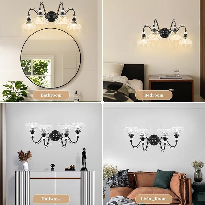 Black Bathroom Vanity Light, 4-Light Matte Black Finish Farmhouse Wall Sconce with Hanging Crystal Accents and Flower-Shaped Clear Glass Shades, Retro Wall Mount Vanity Light Over Mirror for Bathroom