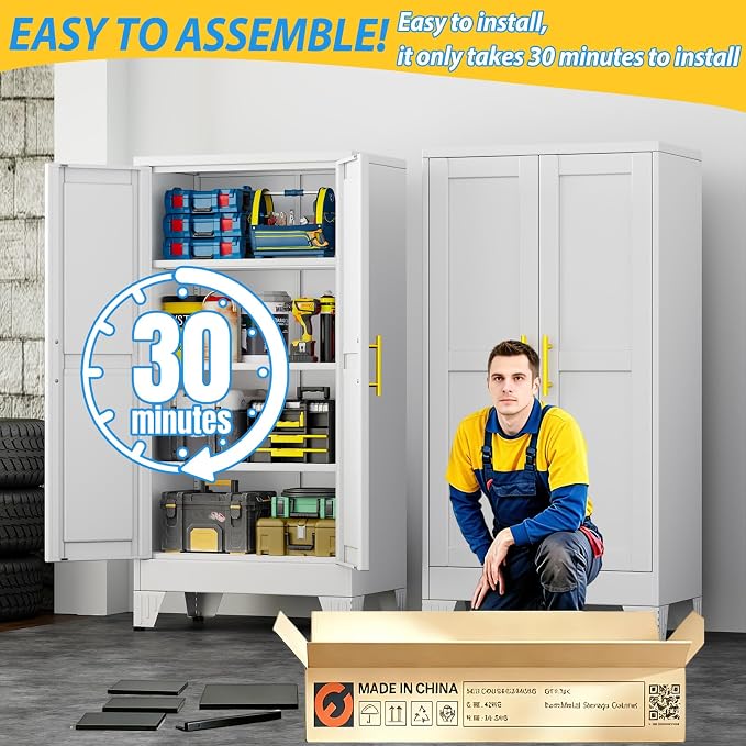 PAOFIN Metal Storage Cabinet with 2 Doors and 3 Adjustable Shelves, Metal Garage Storage Cabinets, File Cabinet,Steel Tool Cabinets for Home,Office,Garage,School,Warehouse (White)
