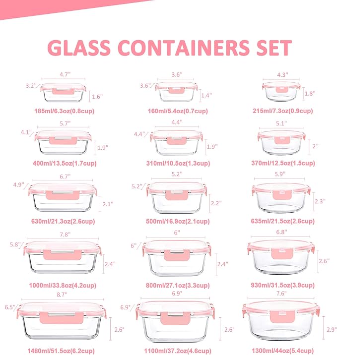 30 Pieces Glass Food Storage Containers Set, Meal Prep Containers Set with Snap Locking Lids, Airtight Glass lunch Containers, Microwave, Oven, Freezer & Dishwasher,Pink
