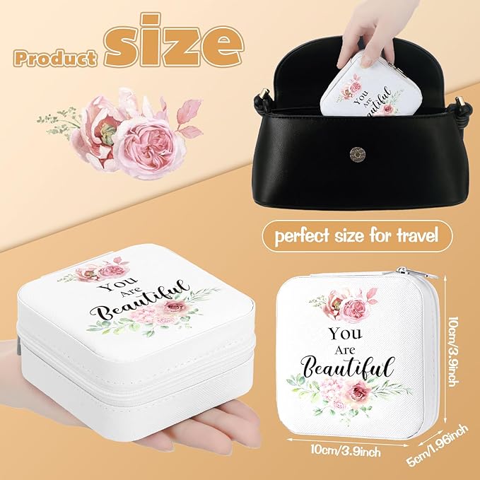 Kacctyen 24 Pcs Mini Travel Jewelry Case Bulk You Are Beautiful Loved Pink Rose Mother's Day Church Gift for Secretary Women Party Favors Girls Leather Travel Jewelry Case