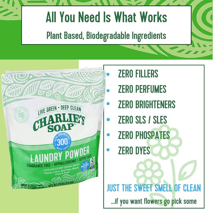 Charlie’s Soap Laundry Powder (300 Loads, 2 Pack) Hypoallergenic Deep Cleaning Washing Powder Detergent – Eco-Friendly, Safe, and Effective