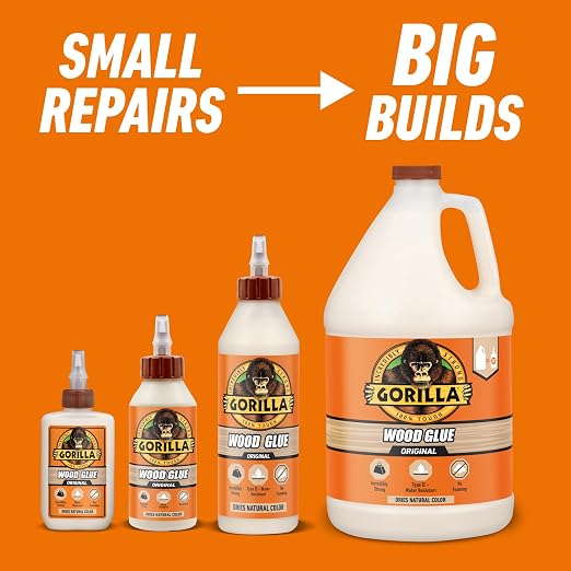 Gorilla Wood Glue, 8 oz., Water Resistant PVA Wood Glue for Indoor & Outdoor Projects, Fast Clamp, Natural Color, Paintable & Sandable