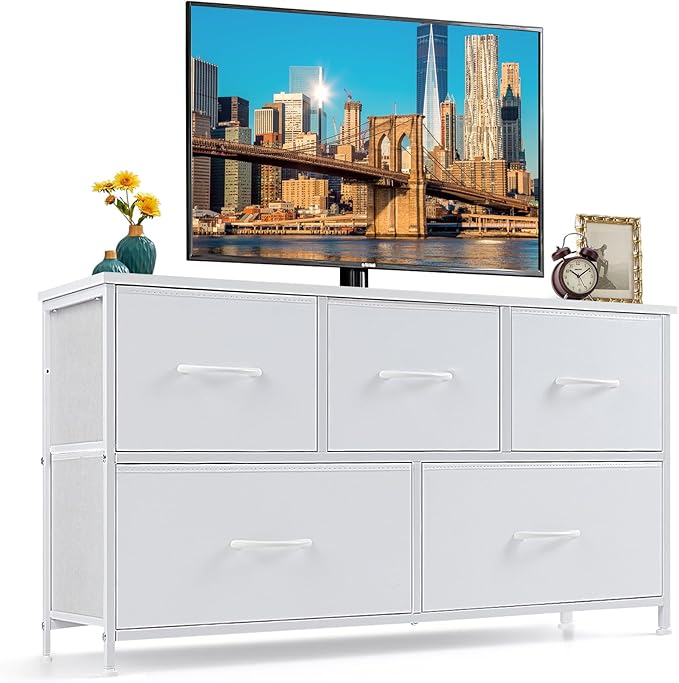 5-Drawer Dresser for Bedroom, Anti-Tip Wide Storage Organizer Fabric Chest of Drawers TV Stand for 45" TV with Wooden Top and Metal Frame for Closet, Living Room, Hallway, Entryway, White