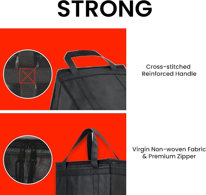 Insulated Food Bag, Portable Cooler Tote (Medium, Black, 2 Pack) | Thermal bag, For cold and hot food, Soft sided cooler, Heavy duty 4-layered tote, Grocery shopping, Beach or travel bag