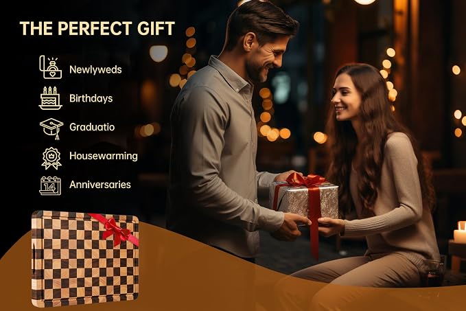 Cutting Boards for Kitchen, Checkered Cutting Board, 1.2" Thick | 16.5" x 11.6" Walnut Wood Chopping Board with Juice Groove&Handle, Double-sided Butcher Block for Prep&Serving with Gift Box