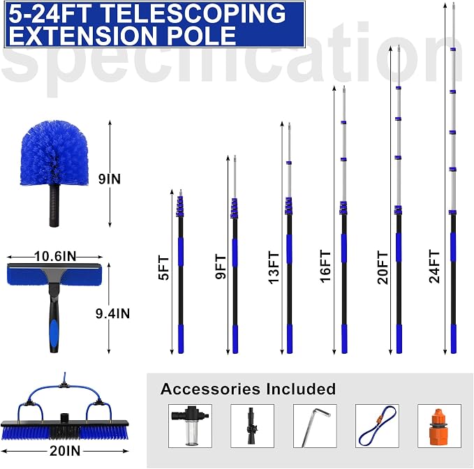 Buyplus 30FT Reach Solar Panel Cleaning Brush Kit with 5-24FT Telescoping Pole, Water Fed Window Cleaner Tool with 20" Brush, Soap Dispenser, Cobweb Duster, Squeegee for Roof, RV, Gutter, Deck, Blue