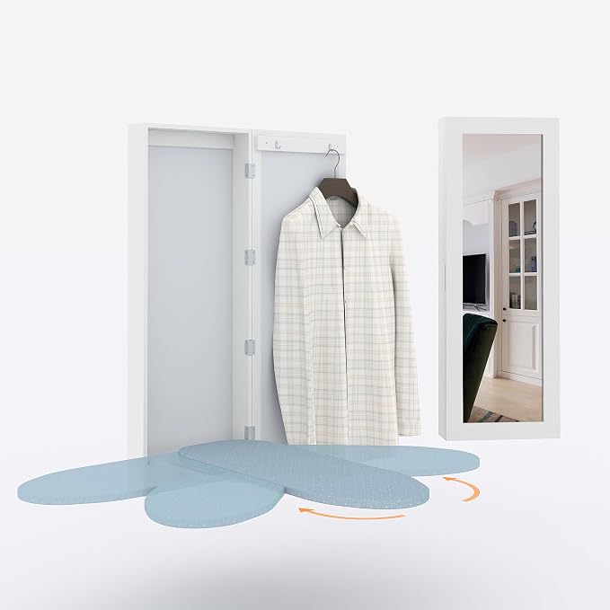 Slim White 180° Swivel Ironing Board Cabinet with Mirror Door | 3.8''W|Assembles in 15 Minutes|2 Clothes Hooks|Magnetic Door|Space‑Saving Hidden Design