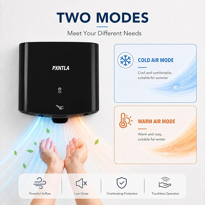 Hand Dryer, 12-15 Seconds Fast Dry Hands, 100-130V Voltage, Bottom Hot & Cold Air Switch, IPX1 Waterproof & 60s Overheat Protection