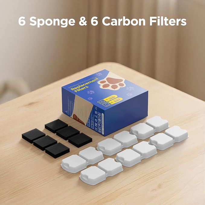 Cat Water Fountain Filters: 12 Cat Fountain Filter Replacement - 3 Months Set of Replacement Filters for ATMZIQXR Pet Fountains S18 - Contains 6 Carbon Filters + 6 Sponges Filters
