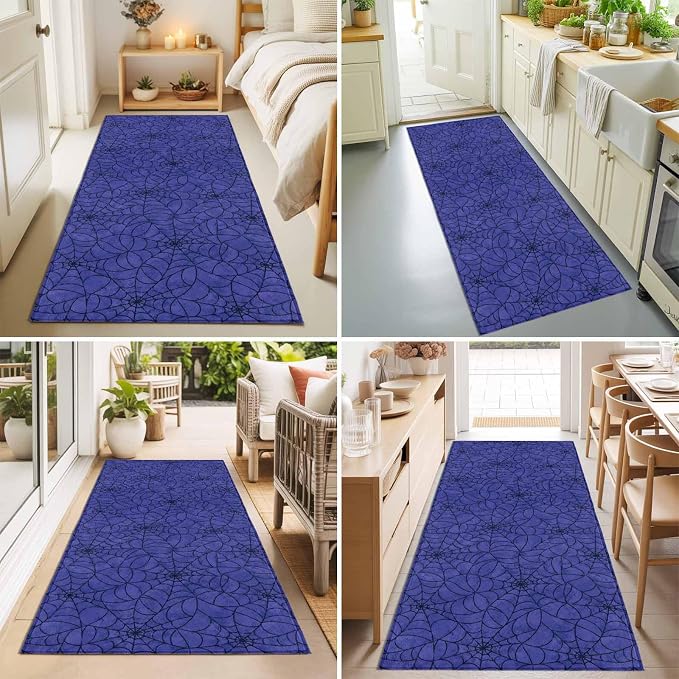 Hallway Runner Rug 2'x6', Navy Blue Halloween Washable Bathroom Area Rugs for Kitchen Bedroom Laundry, Black Spiders Net Classic Gingham Non Slip Door Mat Indoor Entrance Floor Throw Bedsides Carpet