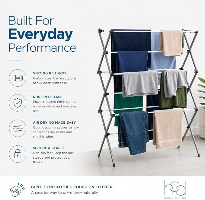 Honey-Can-Do 6-Tier Collapsible Clothes Drying Rack, 30", White | Accordion frame opens to 6 tiers with 24 ft of drying space, then folds flat to 3 in. Rust-resistant coated steel.