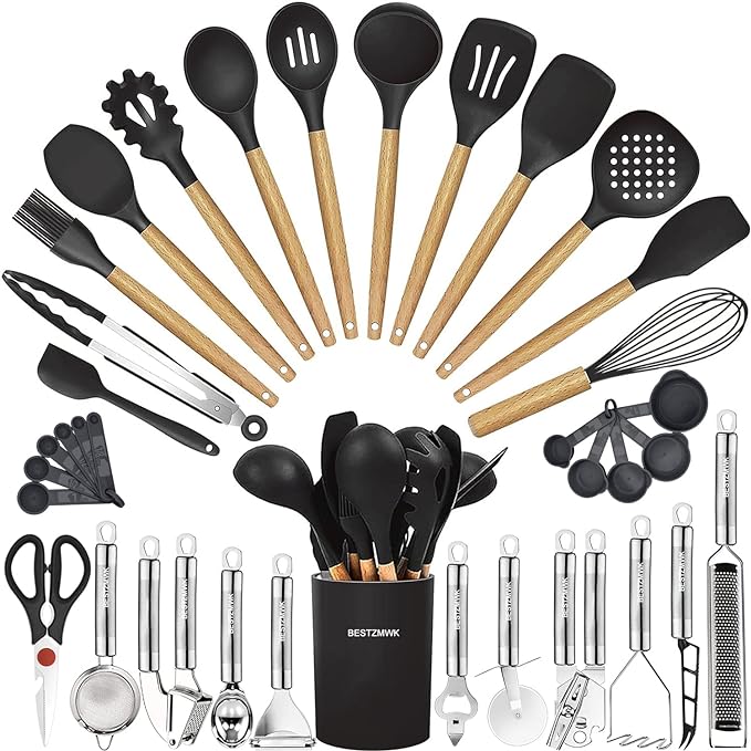 Cooking Utensils Set- 35 PCs Kitchen Utensils with Grater,Tongs, Spoon Spatula &Turner Made of Heat Resistant Food Grade Silicone and Wooden Handles Kitchen Gadgets Tools Set for Nonstick Cookware