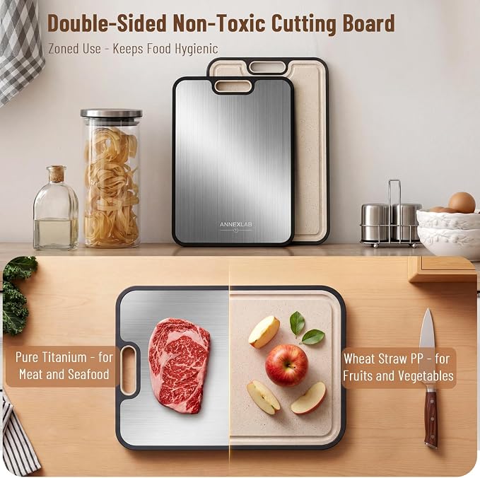Titanium Cutting Board for Kitchen: Pure Ti & PP 2-Sided Non Toxic | Titanium Metal Chopping Boards for Kitchen: Anti-Slip Light 16oz, 200ml Groove & Grinder for Meats & Veggies