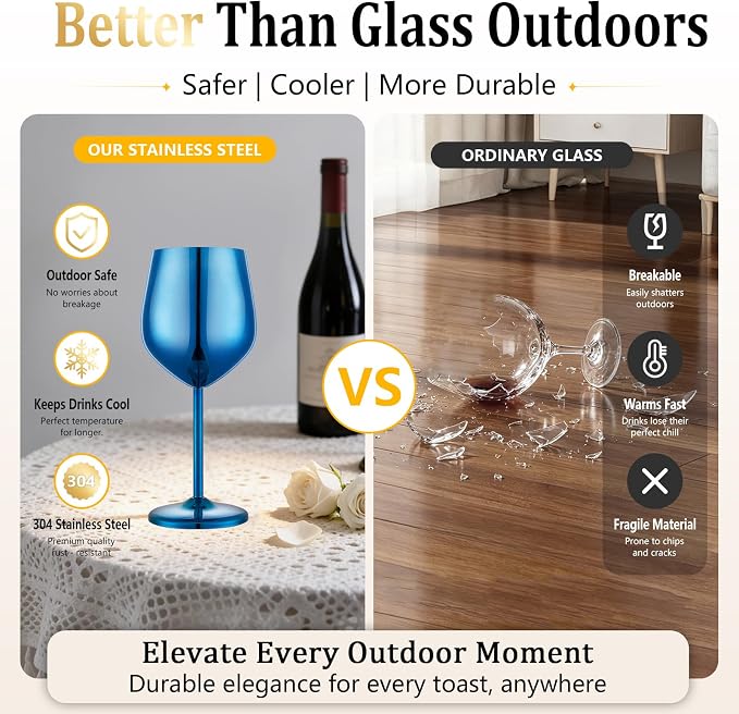 UNISWEET Unbreakable Stainless Steel Wine Glasses Set of 4, Blue | 17oz Unique Fancy Metal Wine Goblets, Shatterproof, Ideal for Outdoor, Camping, Travel, Pool, Great Gift for Wine Lovers
