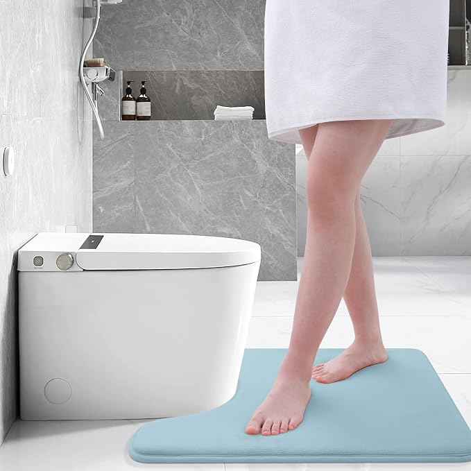 Smiry Memory Foam Toilet Rugs U-Shaped 24x20, Extra Soft Absorbent Non-Slip Contour Bathroom Rugs, Machine Washable Bath Mats for Toilet, Sky Blue