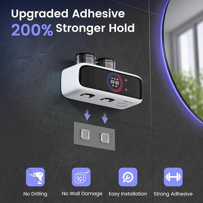 Electric Toothbrush Holders for Bathrooms, UV Tooth Brush Holder&Fan Drying | UV Sanitizer & Fan Drying, 4000mAh Large Battery, Washable Inner Rack, 2 Cups & Toothpaste Holder Wall Mounted Organizer