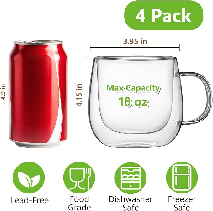 4 Pack Double Walled Glass Coffee Mugs, 16 oz Large Insulated Clear Coffee Cups with Handle, Cappuccino Mug for Espresso, Latte, Americano, Tea Bag, Beverage, Heat & Cold Resistant