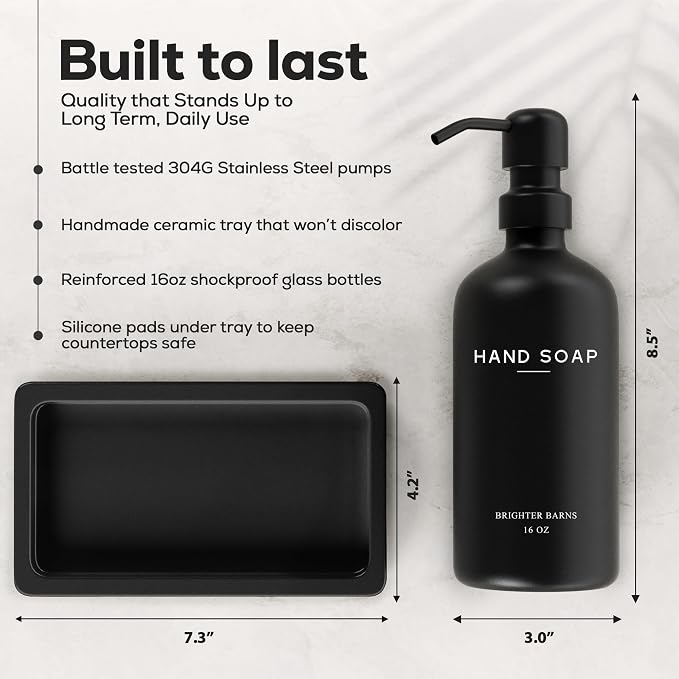 Black Glass Soap and Lotion Dispenser Set with Tray by Brighter Barns - Hand Soap Dispenser Bathroom Set & Stainless Steel Pump for Home - Modern Bathroom Accessories, Modern Decor (Black)