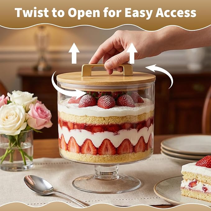 Trifle Bowl with Pedestal and Lid, 70oz - Crystal Clear Glass, Wood Lid with Convenient Handle and Sealing Ring, for Laying Layered Dessert, Ice Cream and Cake, Ideal for Party Displays
