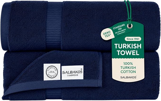 SALBAKOS 2-Piece 100% Turkish Cotton Bath Towels, Extra Large 35x70, Navy | Oversized Bath Sheet Towel for Bathroom & Beach, Thick, Super Soft, Highly Absorbent, Premium Hotel Quality, Made in Turkey