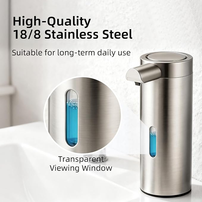 Automatic Soap Dispenser, 2-Pack, 12 fl oz, Stainless Steel, Touchless | Liquid Hand Soap Dispenser, Variable Dispense, Rechargeable, No-Drip Spout, For Kitchen and Bathroom (Champagne)