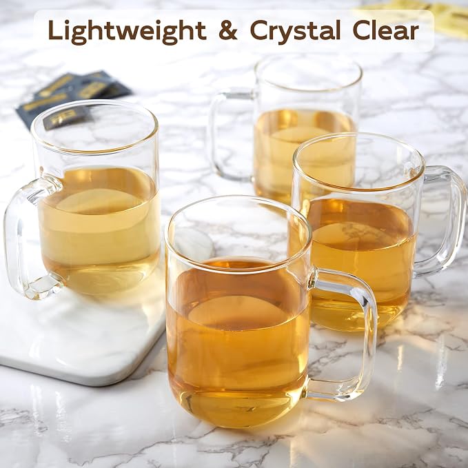 Glass Coffee Mugs, 24 oz Ice coffee cups, Large Clear Tea Cups Set of 4, Glass Mugs with Handles, Glass Cups for Latte, Cappuccino, and Tea