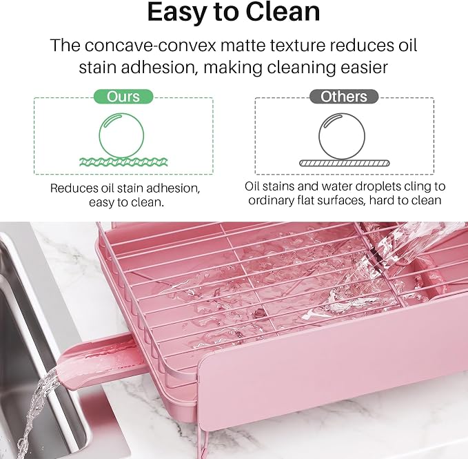 SNTD Dish Drying Rack - Large Dish Racks for Kitchen Counter, Expandable Dish Drainers with Cutlery Holder Stainless Steel Rustproof (Pink)