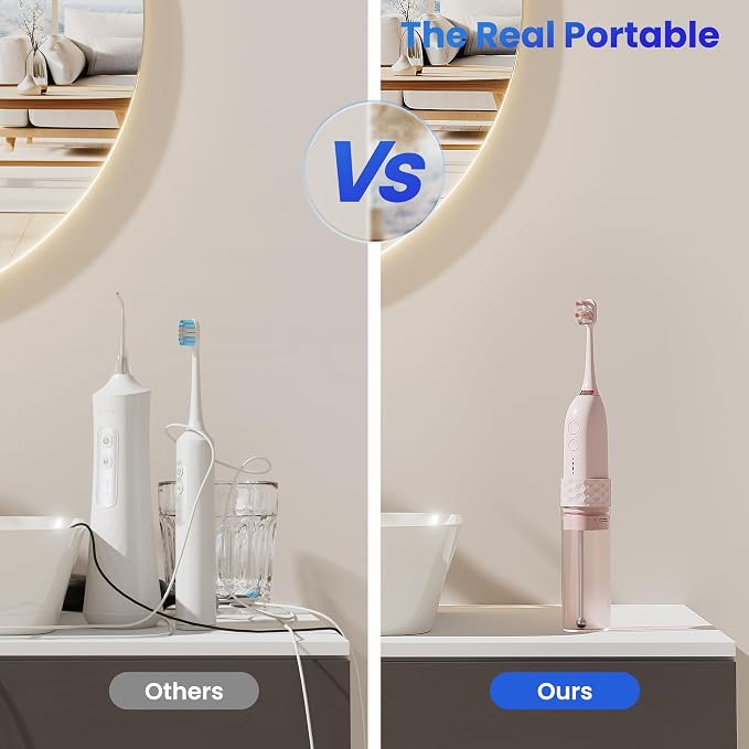UNINGOPI Electric Toothbrush with Water flosser, 2 in 1 Teeth Cleaning Kit, Toothbrush and Water flosser Combo, Travel Toothbrush with Water Bottle(Pink)