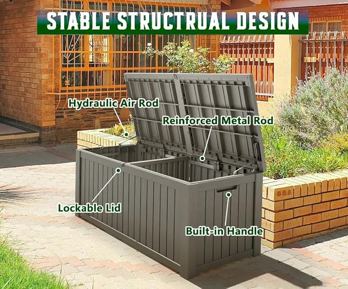 151 Gal Deck Box, Outdoor Storage Box Waterproof Lockable, Gas Lift,Grey | Large sturdy grey resin deck box, double wall panels, waterproof backyard storage for package delivery, garden hoses tools