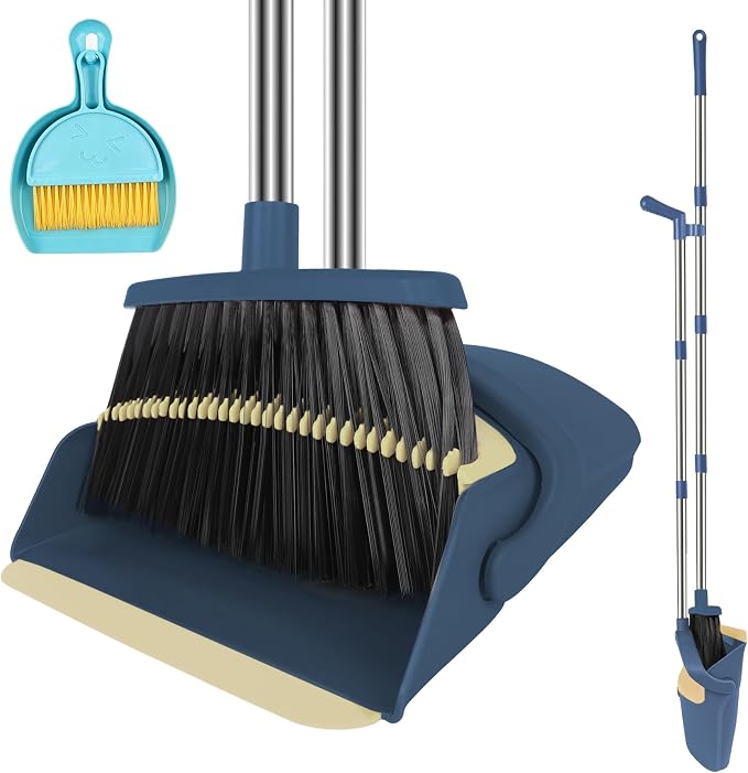 Broom with Dustpan Set & Mini Hand Brush Set, Blue 51" Long Handle Upright Cleaning Combo with Self-Cleaning Teeth for Home Kitchen Pet Hair