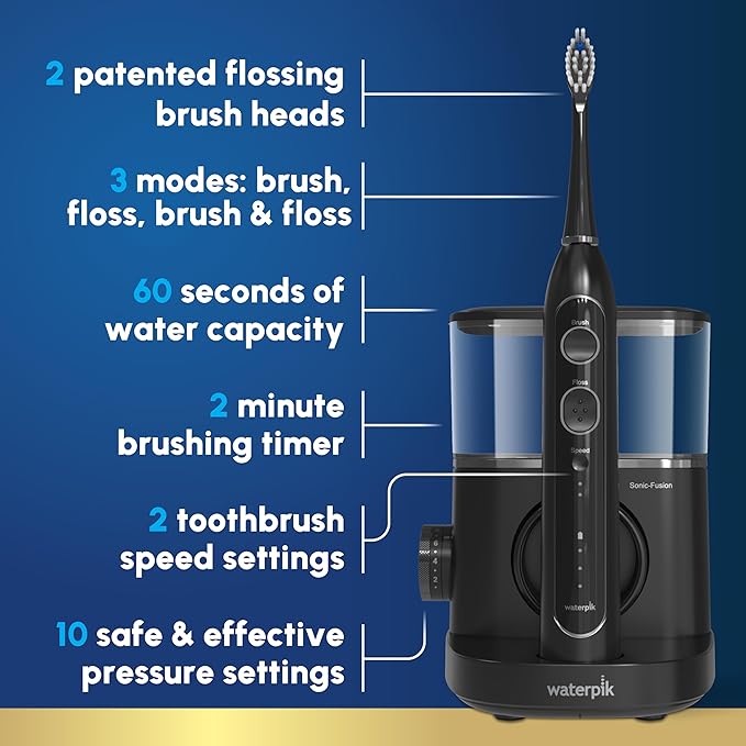 Waterpik Sonic-Fusion 2.0 Professional Flossing Electric Toothbrush with Water Flosser Combo Two In One, For Daily Gum Care and Cleaning Teeth, Braces, Implants, Black SF-04CD012-4, Packaging May Vary