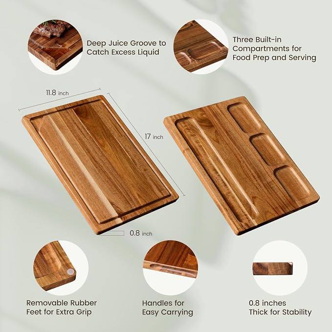 17" x 11.8" Acacia Wood Cutting Boards for Kitchen, Kikcoin Wooden Cutting Board, Chopping Board with Built-In Compartments and Juice Groove, Heavy Duty Charcuterie Board Wood Butcher Block