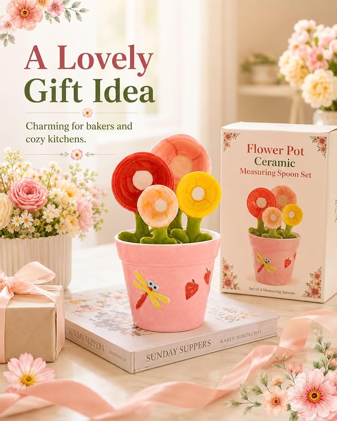 Flower Pot Ceramic Measuring Spoon Set, 5PCS Cute Spoons Cups with Base, Ceramic Baking Measuring Spoons with Holder for Dry & Wet Ingredients, Unique Baking Supplies Gift, Dishwasher Safe(Blue*2)
