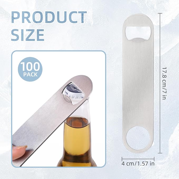 100 Pack Flat Beer Bottle Opener 7 inch Stainless Steel Flat Bottle Opener Beer Bottle Openers for Bartender Kitchen Bar Restaurant (Silver)