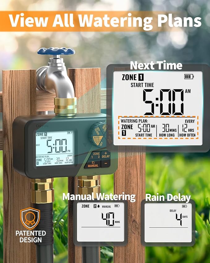 Brass Hose Timer 2 Outlets for Outdoor Watering, Diivoo IP66 Waterproof Programmable Sprinkler Timer with Large Digital Display, Rain Delay & Manual Watering for Garden Lawn Yard Automatic Irrigation