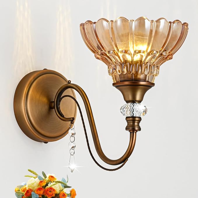 1 Piece Vintage Wall Sconce, 1-Light Matte Antique Brass Finish Wall Sconce with Hanging Crystal Accents and Flower-Shaped Amber Shades for Bathroom Bedroom Living Room,Vintage Vanity Light