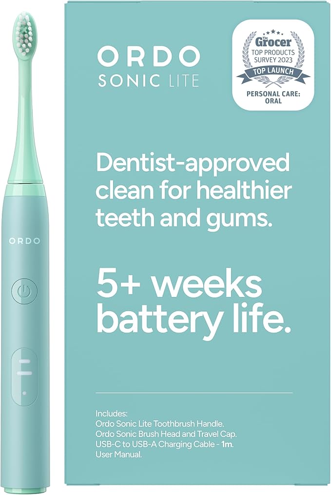 ORDO Sonic Lite Electric Toothbrush, Adults, Rechargeable, USB-C, Sage | Rechargeable sonic electric toothbrush, 35,000 pulses/min, dual modes, smart timer, 5+ week battery, USB-C charger