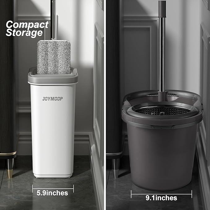JOYMOOP Microfiber Flat Mop System with Bucket, White, Hands-Free Floor Cleaning Set, Wet and Dry Use, 6 Reusable Pads