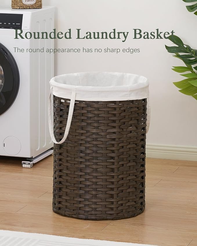 SETVSON Laundry Basket Round Rattan Laundry Hamper 29.1 Gal(110 L) Handwoven Large Wicker Basket with Handles, Wicker Hamper with Removable Bags and 2 Mesh Bags for Bathroom Living Room Brown(No Lid)