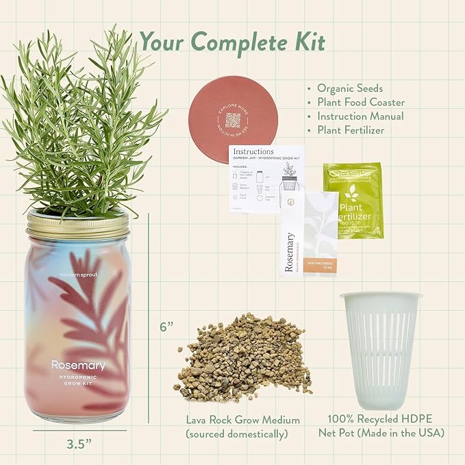 Modern Sprout Garden Jar & Herb Stripper Bundle Self-Watering Herb Grow Kit w/Recyclable Mason Jar + 3-in-1 Prep Peeler & Grater Plate - Indoor Gardening - Gift for Mother's Day (Rosemary & Parsley)