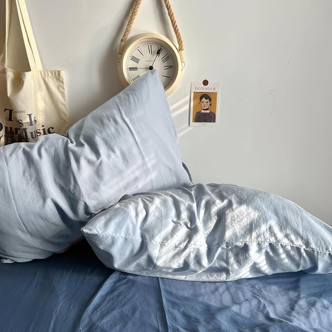 mixinni 100% Washed Cotton Duvet Cover Set Full Size, Solid Light Blue Ocean Themed Chic Bedding, Soft Breathable Minimalist Comforter Cover with Zipper Closure & Corner Ties-Full Size
