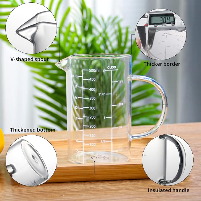 77L 2 Cup Glass Measuring Cup, [Insulated handle, V-Shaped Spout], High Borosilicate Glass Measuring Cup for Kitchen or Restaurant, Easy To Read, 500 ML (0.5 Liter, 2 Cup)