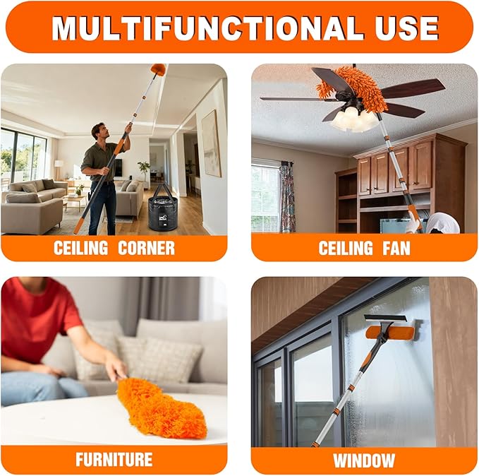 SISUPASSIE 20FT Reach High Ceiling Duster Kit, Window Cleaning kit with 3-12FT Extension Pole, Fan Duster for Ceiling Fan Blades, Microfiber Feather Duster, Window Squeegee, Bucket and Cobweb Duster